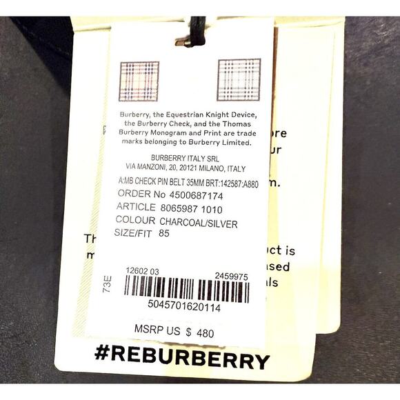 Burberry Reversible Check Belt Charcoal / Silver Mens  SIZE 34 WIDTH 35mm NWT - Picture 6 of 6